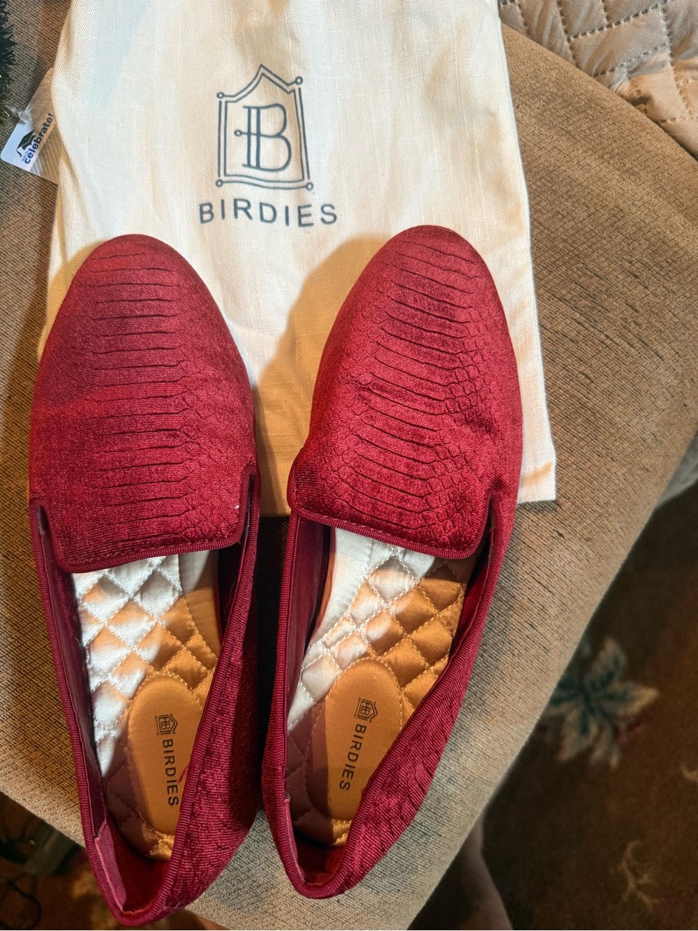 Birdies Women's Slip-On Loafers in Burgundy Red Velvet-Textured